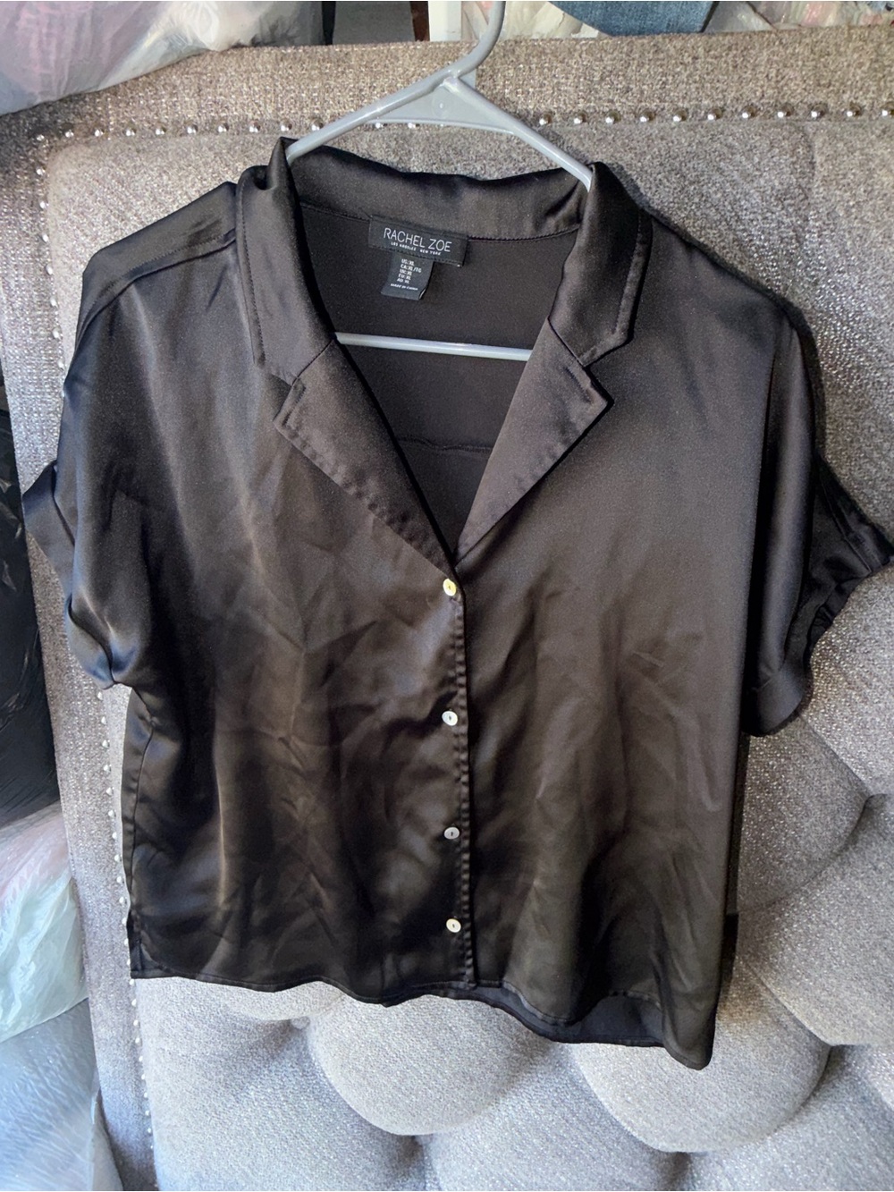 Rachel Zoe Black Satin Short Sleeve Button-Front Shirt